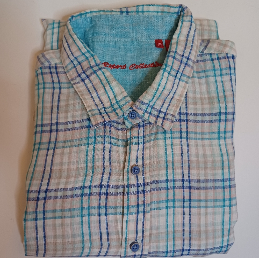Report Collection Men Linen Blue Plaid  Long Sleeve Button Down Shirt. 2XL